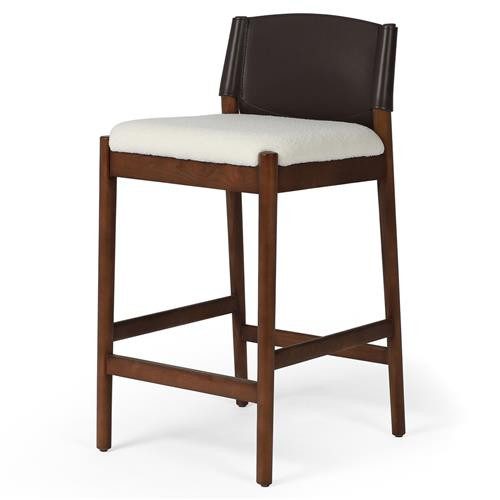 Laurine Mid Century White Performance Boucle Seat Brown Wood Counter Stool | Kathy Kuo Home