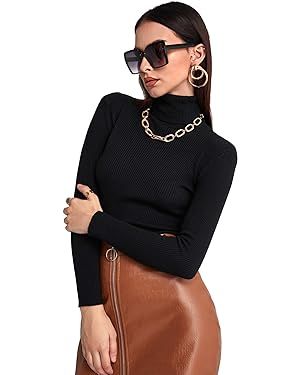 SweatyRocks Women's Long Sleeve Turtleneck Ribbed Knit Pullover Sweater Top | Amazon (US)