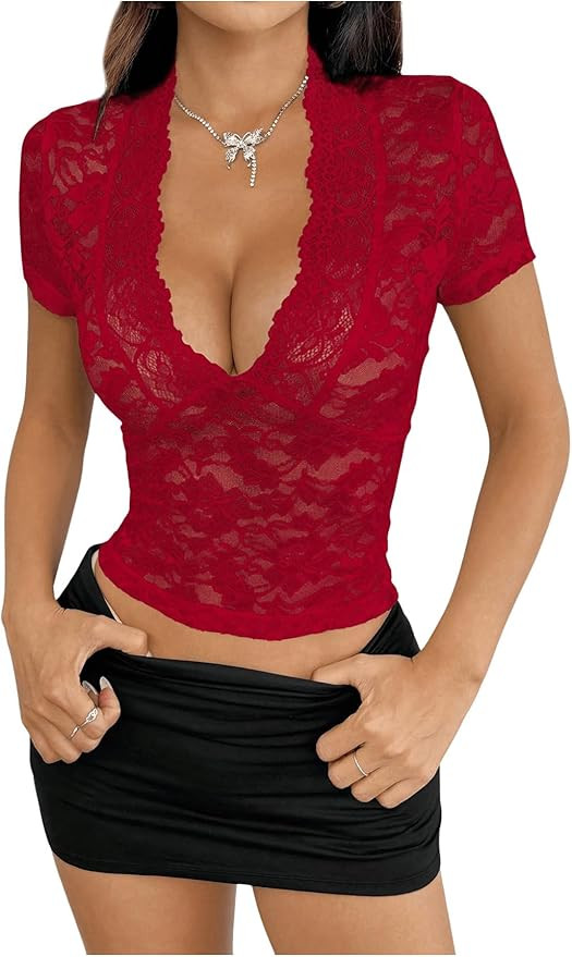 SHENHE Women's Lace Sheer Crop Top Short Sleeve Deep V Neck Fitted Top Party Clubwear | Amazon (US)