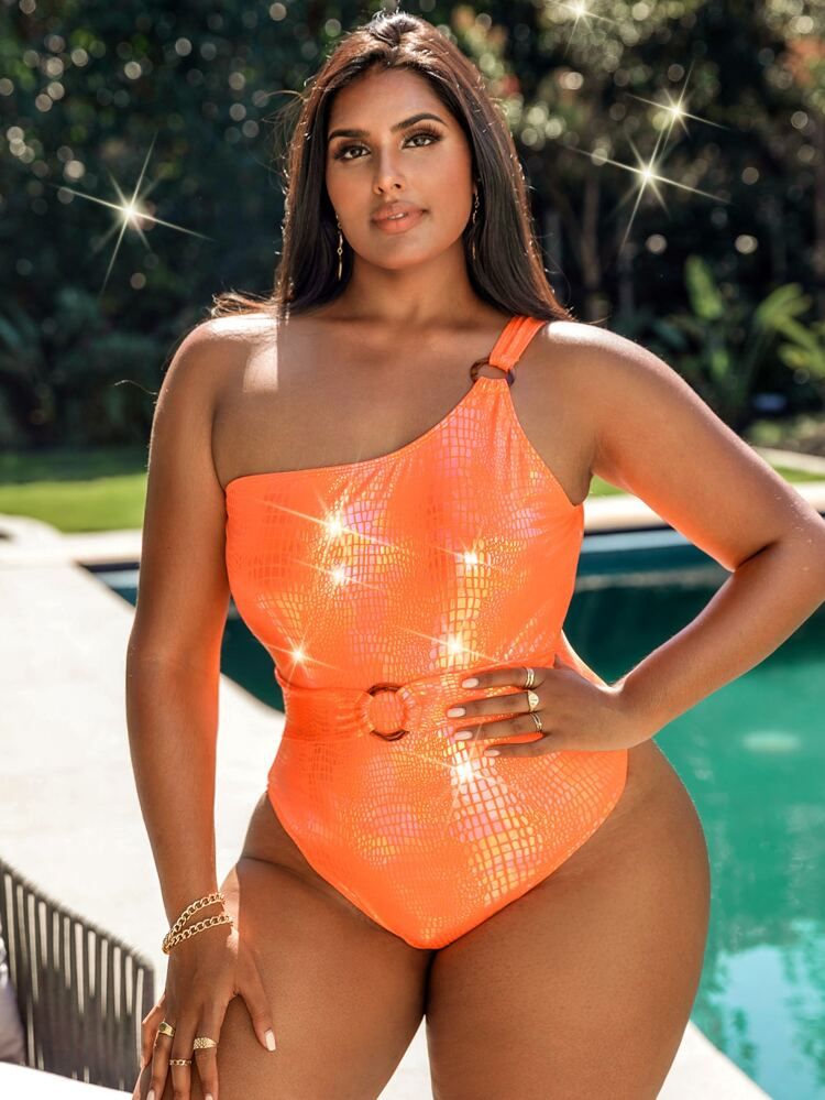 Plus Metallic Ring Linked One Shoulder One Piece Swimsuit | SHEIN