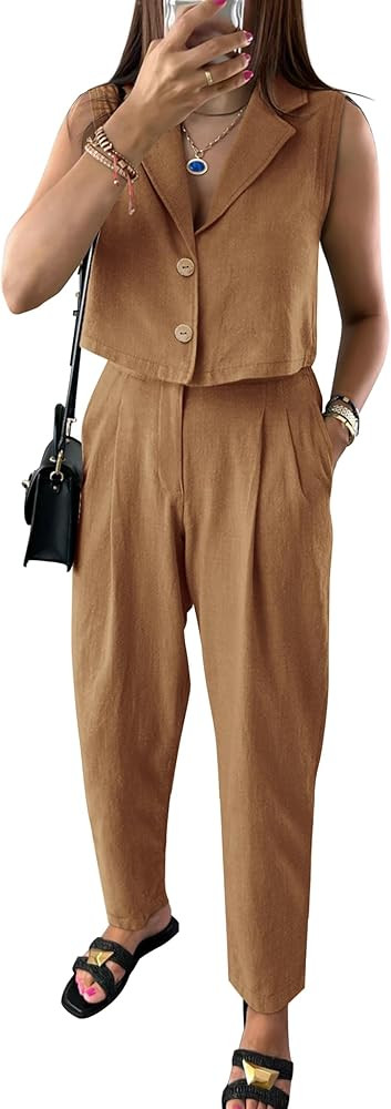 PRETTYGARDEN Womens V Neck Cropped Vest Tops High Waisted Pants Suit Set | Amazon (US)