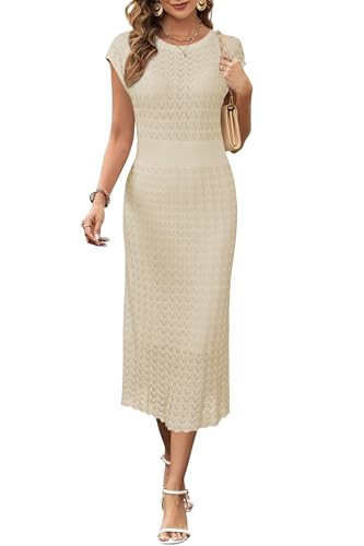 Newshows Women Summer 2026 Teacher Outfits Work Midi Boat Neck Cap Sleeve Hollow Knit Modest Business Casual Dress(Apricot,S) | Amazon (US)