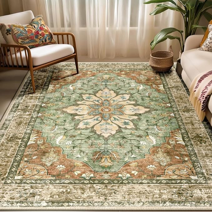 Area Rugs 5'x7' Washable Non-Slip, Floral Vintage Distress Print Pattern Medallion Carpet for Liv... | Amazon (US)