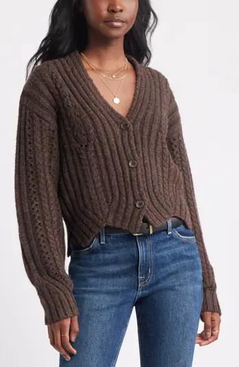 Treasure & Bond Chevron Hem Cable Cardigan in Brown Malicacia at Nordstrom Rack, Size Large | Nordstrom Rack
