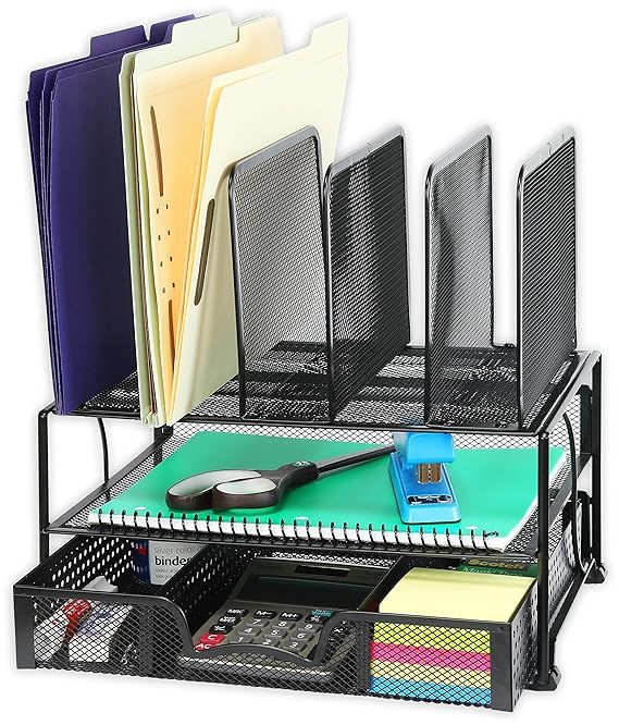 SimpleHouseware Mesh Desk Organizer with Sliding Drawer, Double Tray and 5 Upright Sections, Black | Amazon (US)