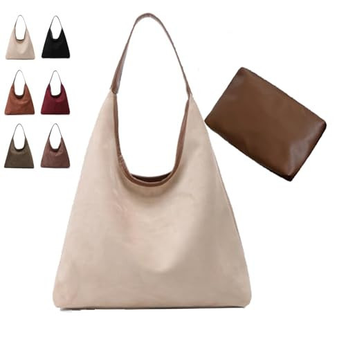 Gipvv Large Suede Work Tote Bag – Hobo Shoulder Purse with Zippered Inner Pocket (Beige) | Amazon (US)