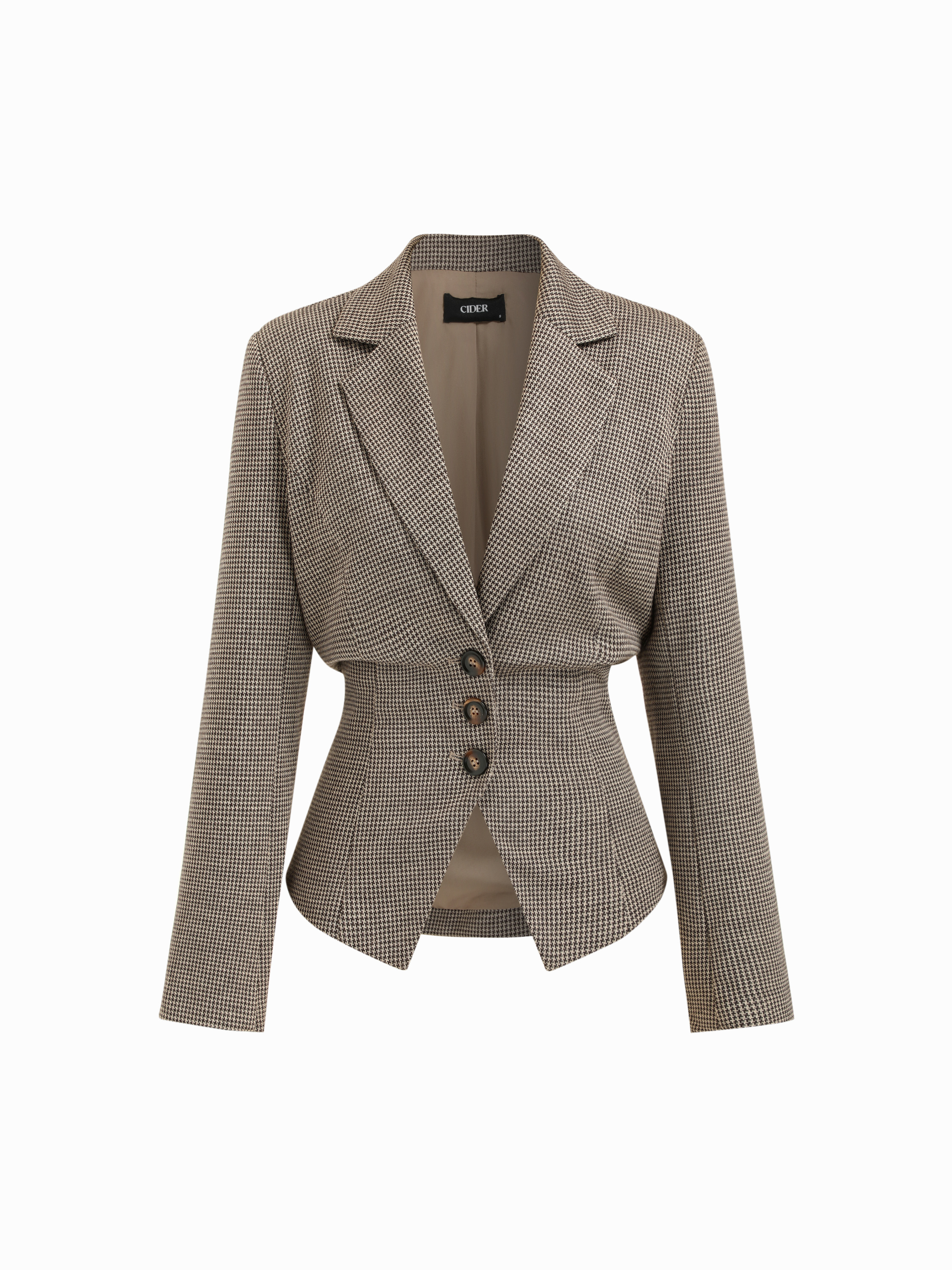 Woven Collar Houndstooth Lace Up Cinched Waist Button Blazer For Daily Casual Work | Cider