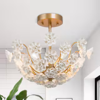 Mid-Century Modern Center Bowl Ceiling Light 3-Light Brass Gold Semi-Flush Mount Light with Handc... | The Home Depot