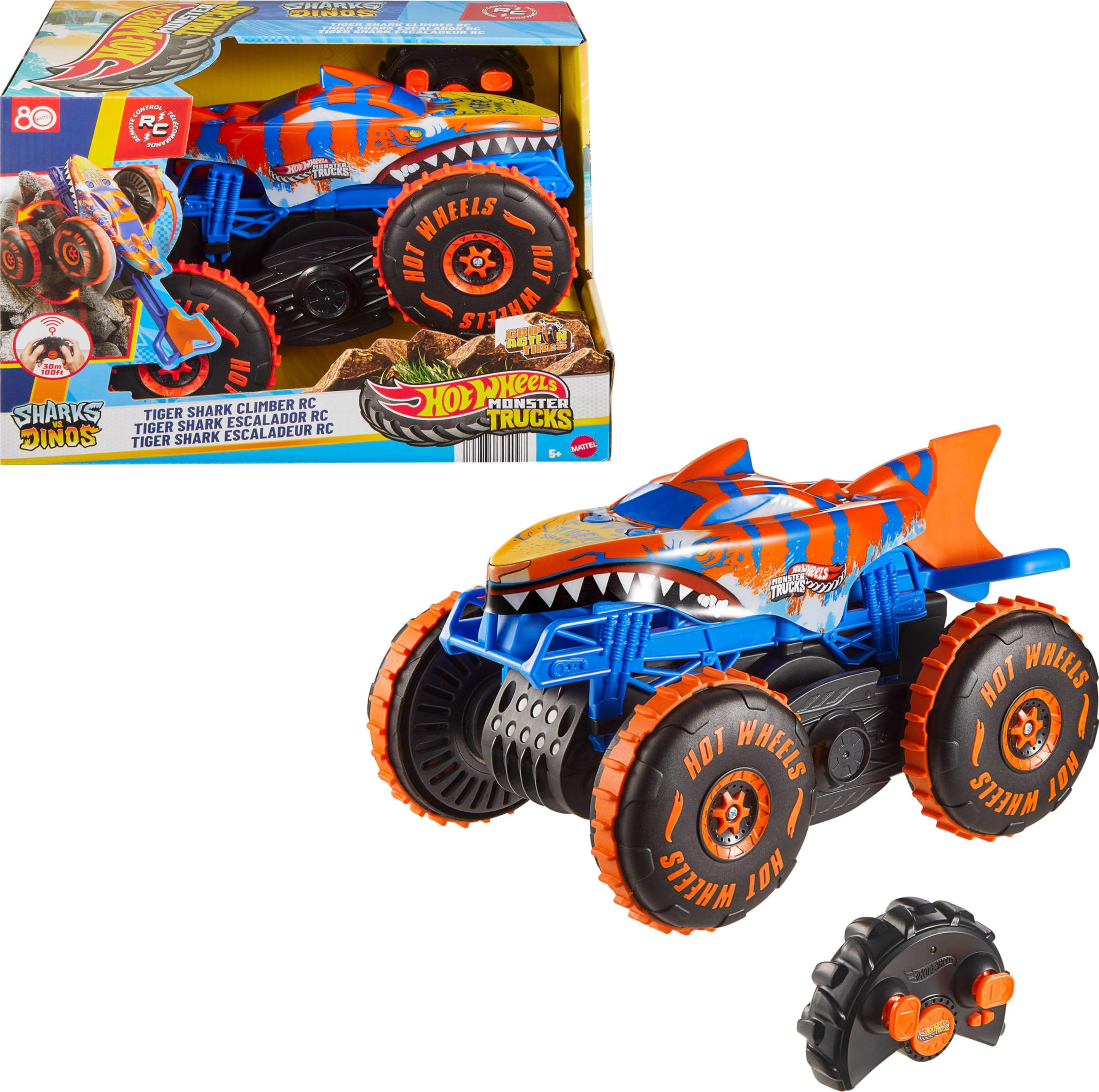 Hot Wheels Monster Trucks Remote Control Toy Vehicle, Large-Scale RC Tiger Shark Climber with 3 M... | Amazon (UK)