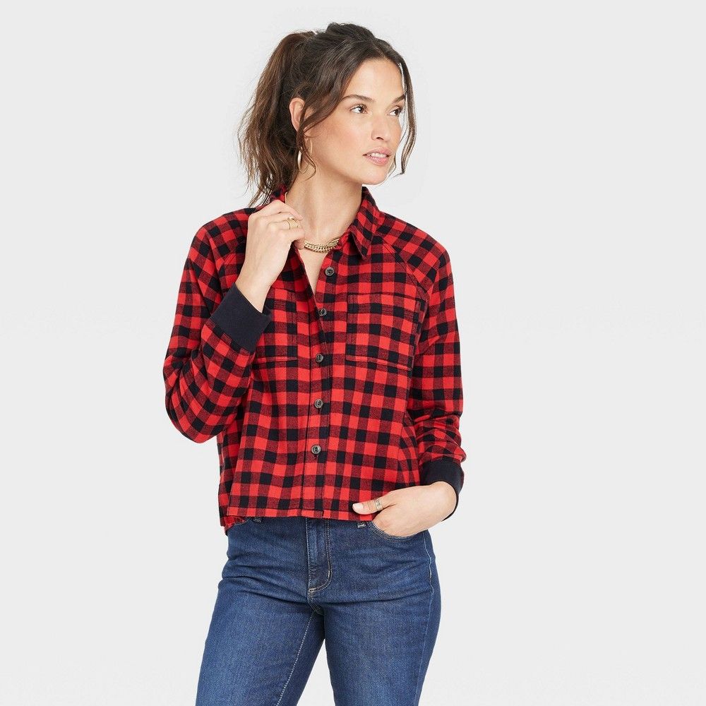 Women's Long Sleeve Flannel Adaptive Button-Down Shirt - Universal Thread Red Plaid M | Target