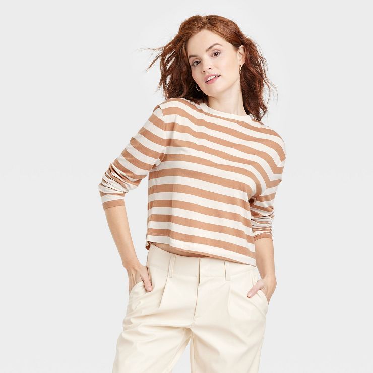 Women's Long Sleeve Boxy T-Shirt - A New Day™ Striped | Target