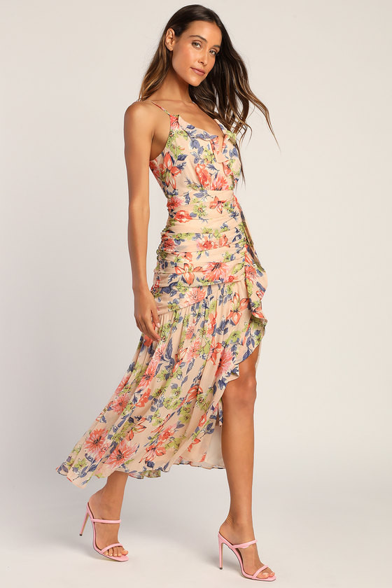 Stunning Soiree Blush Pink Floral Print Ruched Midi Dress | Lulus