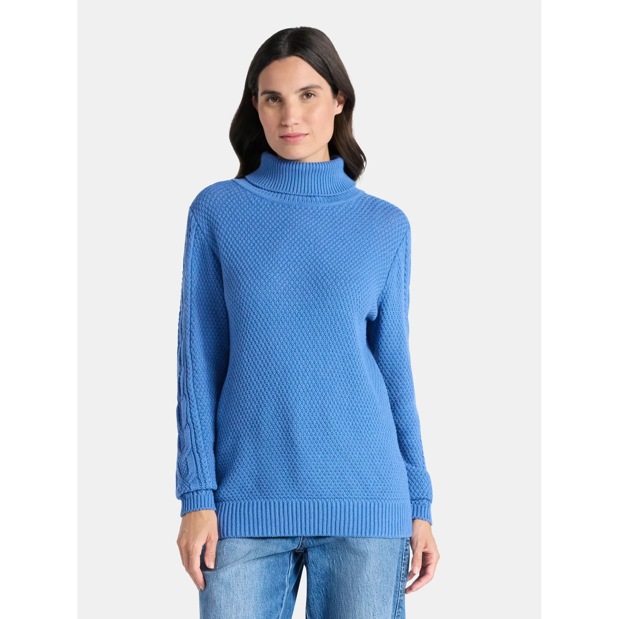 Time and Tru Women’s and Women’s Plus Turtleneck Sweater with Cable Sleeves, Midweight, Sizes... | Walmart (US)