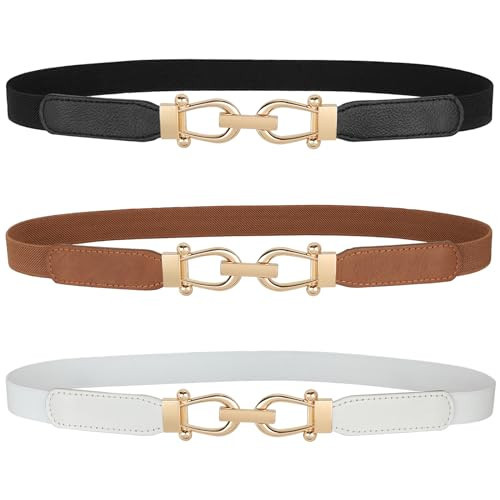 JASGOOD Women Skinny Elastic Stretch Belts for Dresses Retro Ladies Waist Gold Buckle Thin Belts 3 Pack(Brown+Black+White,Suit Waist Size 21-24inch) | Amazon (US)
