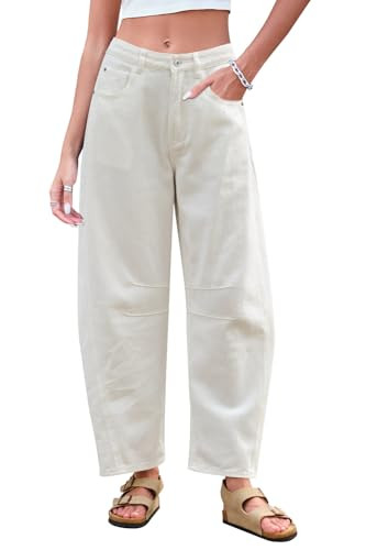 GREAIDEA Mid Rise Barrel Jeans for Women Wide Leg Mid Waist Cropped Denim Pants Y2k Baggy Boyfriend Jeans with Pockets White | Amazon (US)
