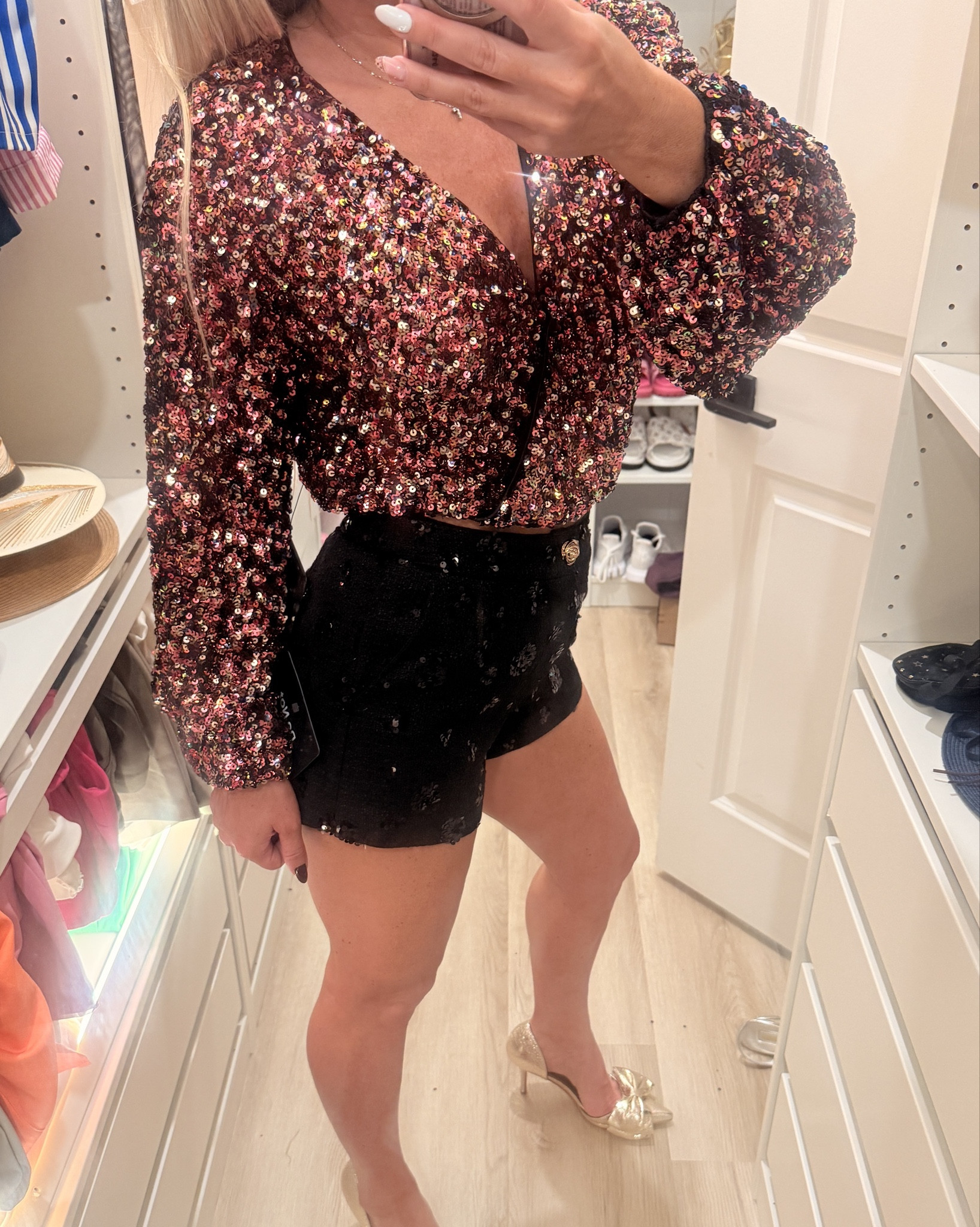 Comfy holiday outfit idea. Tweed sparkling sequins shorts and sequins long sleeve top. True to size. 

#LTKFindsUnder50 #LTKHoliday #LTKSeasonal