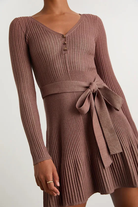 Cozy Poise Heather Brown Henley Long Sleeve Mini Sweater Dress | Lulus