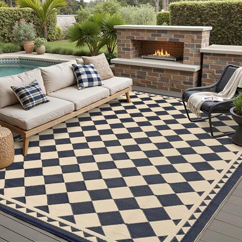 HUGEAR Outdoor Rug for Patios Clearance,Waterproof Mat,Large Outside Carpet,Reversible Plastic Straw Camping Rugs,Rv,Porch,Deck,Camper,Balcony,Backyard (8x10,Checkered/Black&Beige) | Amazon (US)