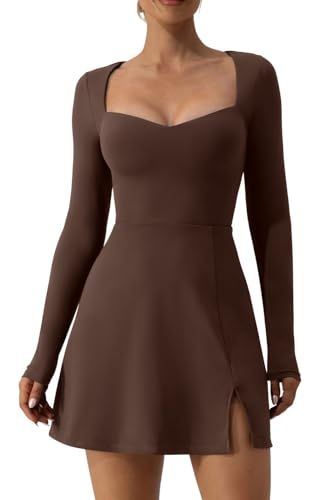 QINSEN Women's Sweettheart Neckline Long Sleeve Dress Side Slit Stretch Flare Mini Dress | Amazon (US)