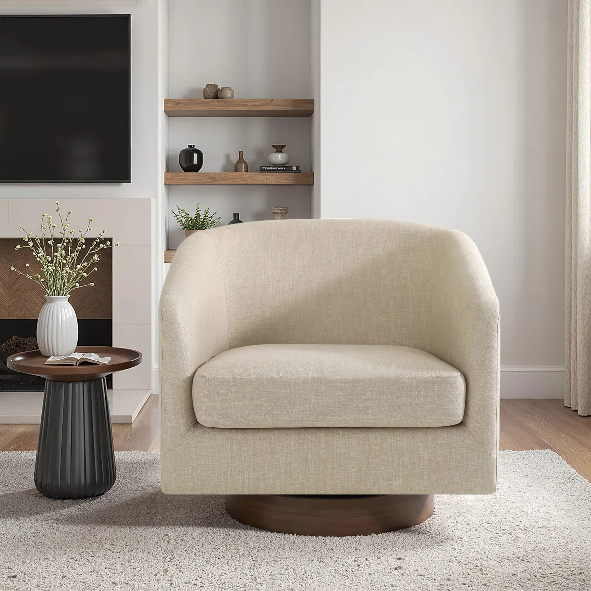 Applewold Upholstered Light Brown Cotton Blend Swivel Barrel Chair with Solid Wood Base | Wayfair North America