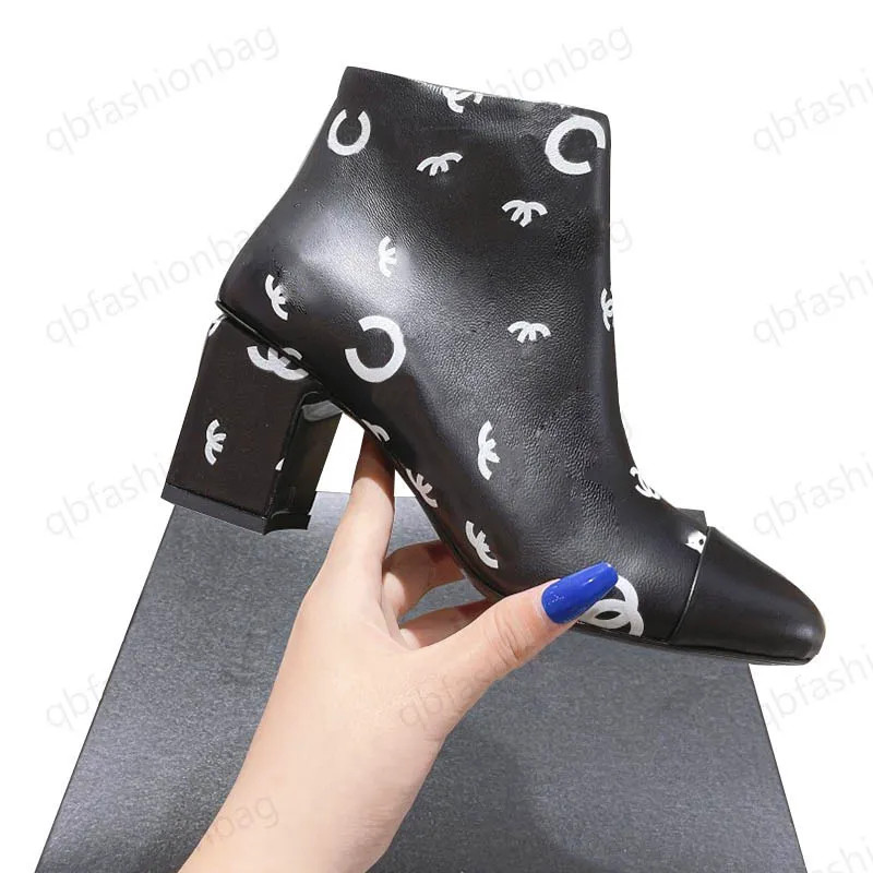 Chunky Heels 6.5cm Womens Ankle Boots Printed Letter With Zip Cowhide Fall Winter Retro Black Whi... | DHGate