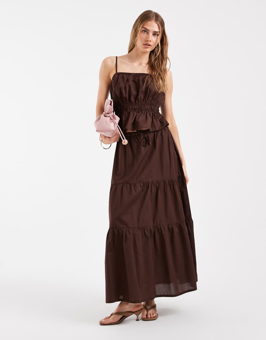 PIECES boho tiered poplin cotton maxi skirt in coffee brown - part of a set | ASOS (Global)