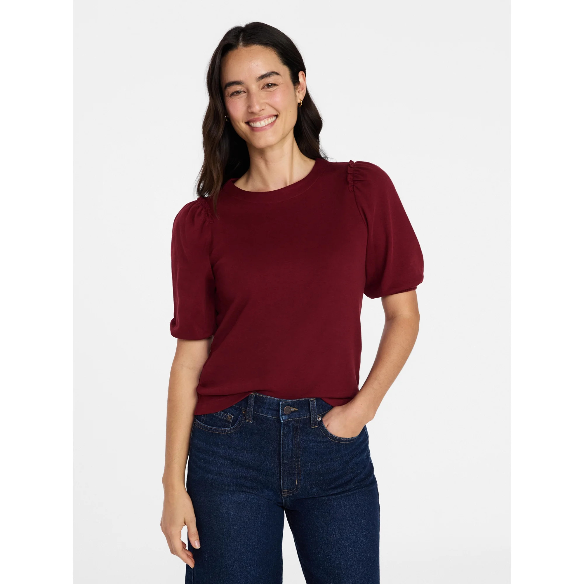Time and Tru Women's Cotton Crewneck Tee with Puff Sleeves, Sizes XS-XXXL | Walmart (US)