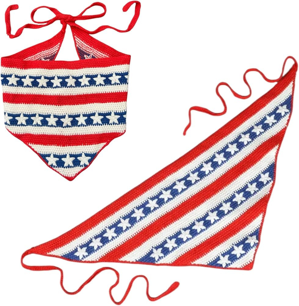 USA Flag Bandana Headband, Handmade Red White Blue Crochet Bandana, Patriotic Hair Accessory for ... | Amazon (US)