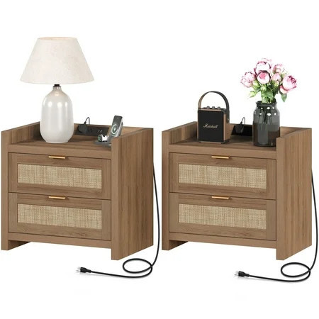 SICOTAS Boho Nightstands Set of 2, Rattan Accent with USB Charging Station, Gliding Storage Drawers, for Living Room | Walmart (US)