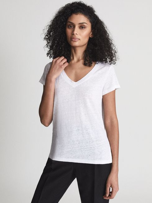 Reiss White Lottie Linen V-Neck T-Shirt | Reiss US