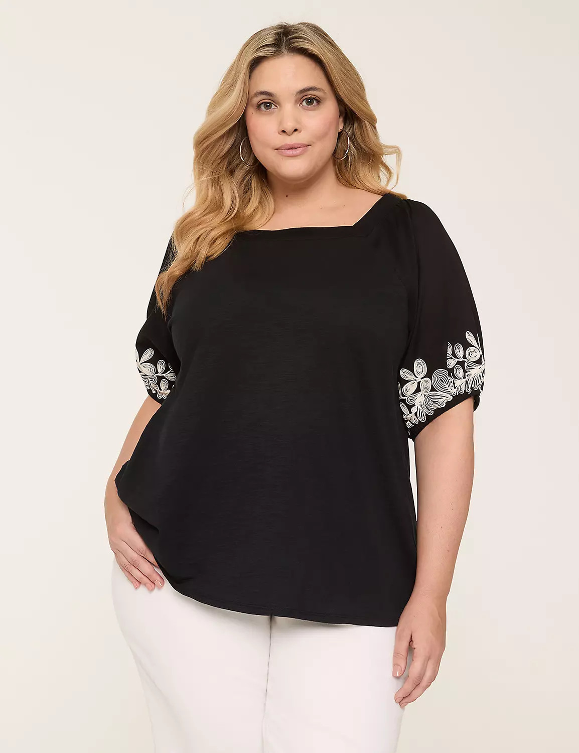 Embroidered Puff-Sleeve Square-Neck Top | LaneBryant | Lane Bryant (US)