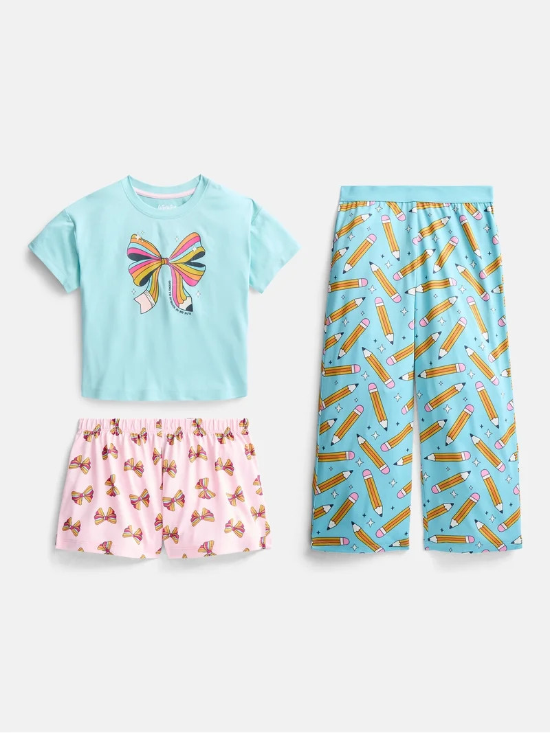 Wonder Nation Girls Graphic Tee with Shorts and Pants Pajama Set, 3 Piece, Sizes 4-18 | Walmart (US)