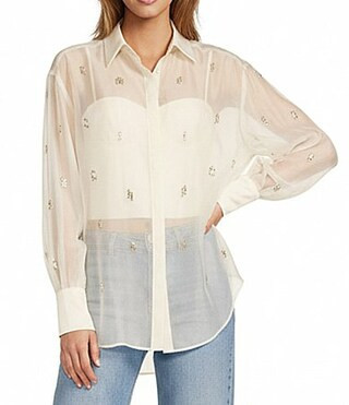 Antonio Melani Priscilla Organza Sheer Jewel Embellished Point Collar Long Sleeve Button Front Blouse - 14 | Dillard's