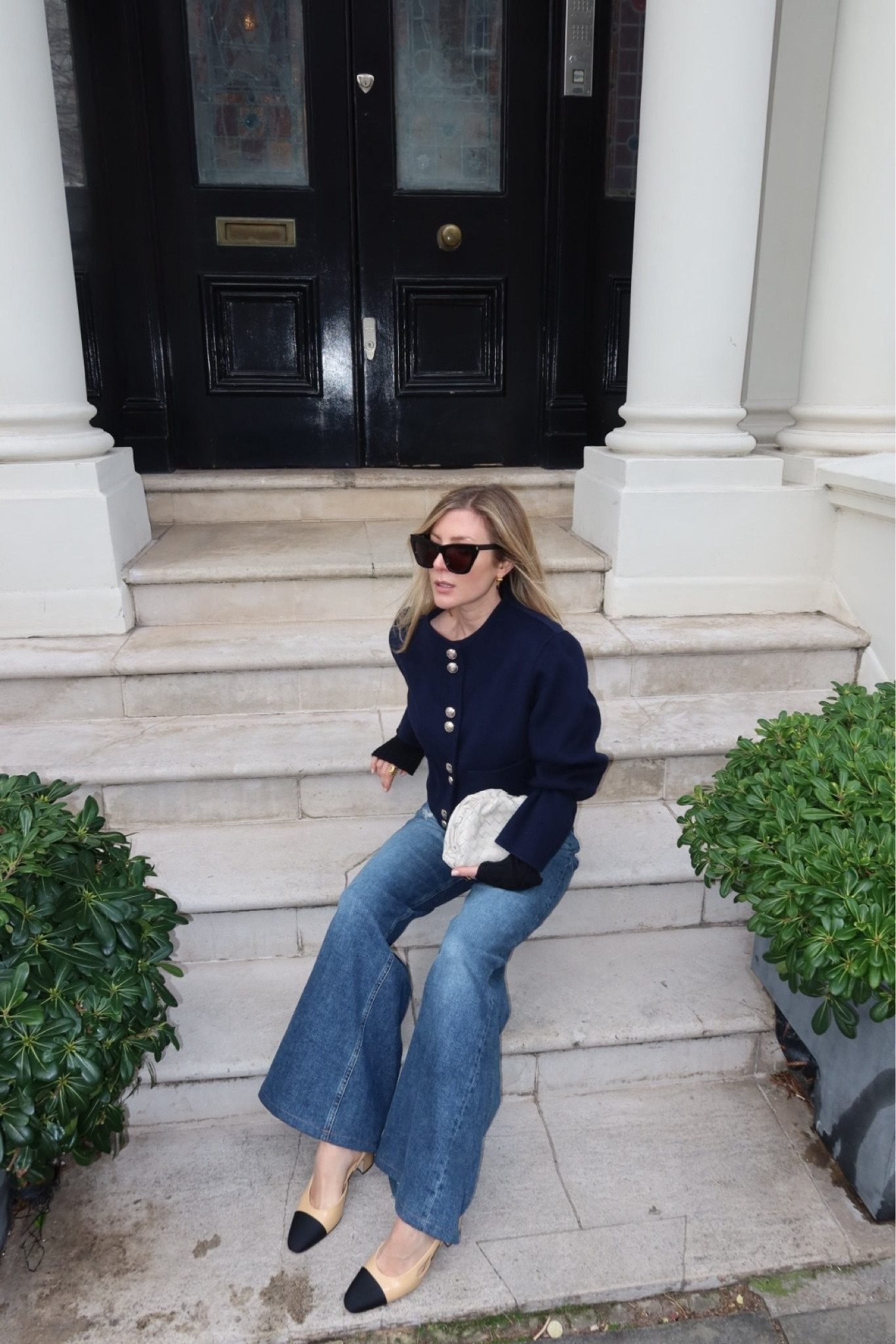Wide leg jeans, Maje cropped jacket, Bottega woven bag, white bag, YSL sunglasses, transitional outfit, winter styling, blue jeans, Me+Em, Chanel slingbacks, simple styling, minimalist style 

#LTKeurope #LTKstyletip #LTKSeasonal