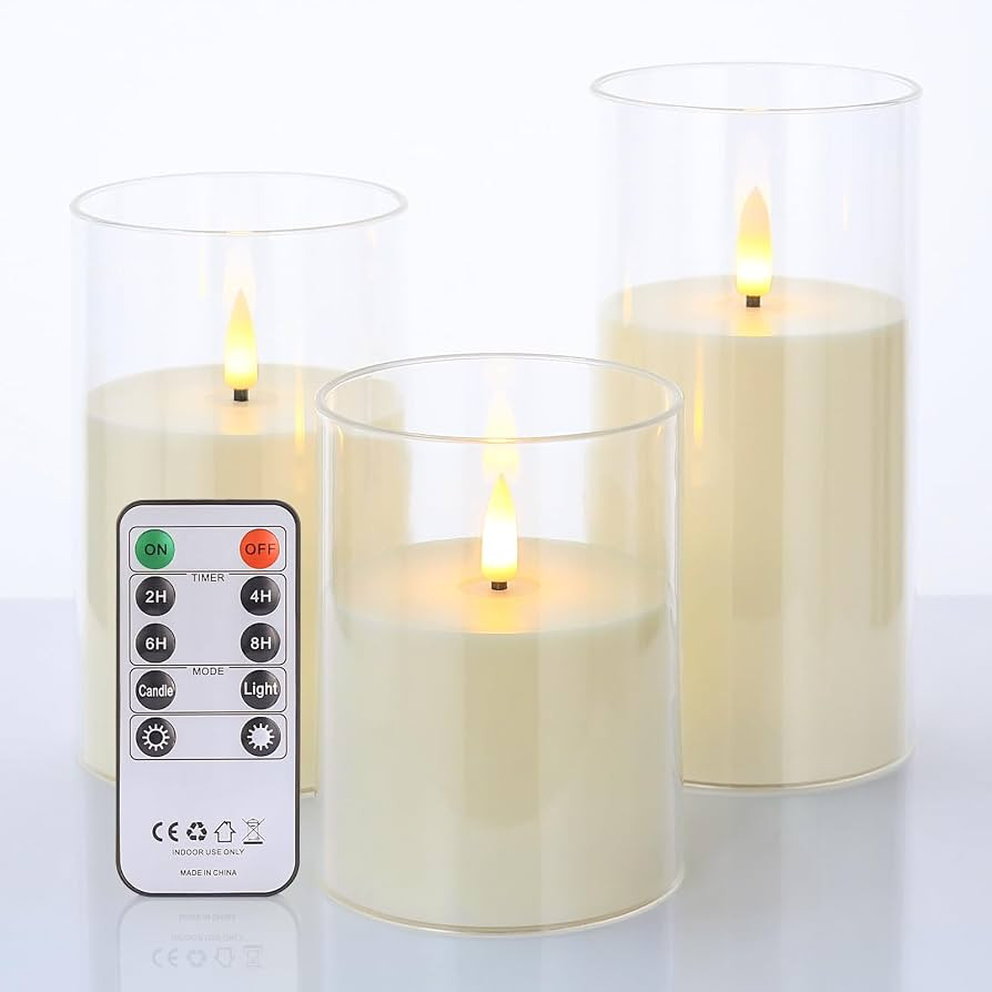 Battery Operated 3D Wick Acrylic LED Candles - Flickering Flameless With Remote Timer - 3 Pcs Whi... | Amazon (US)