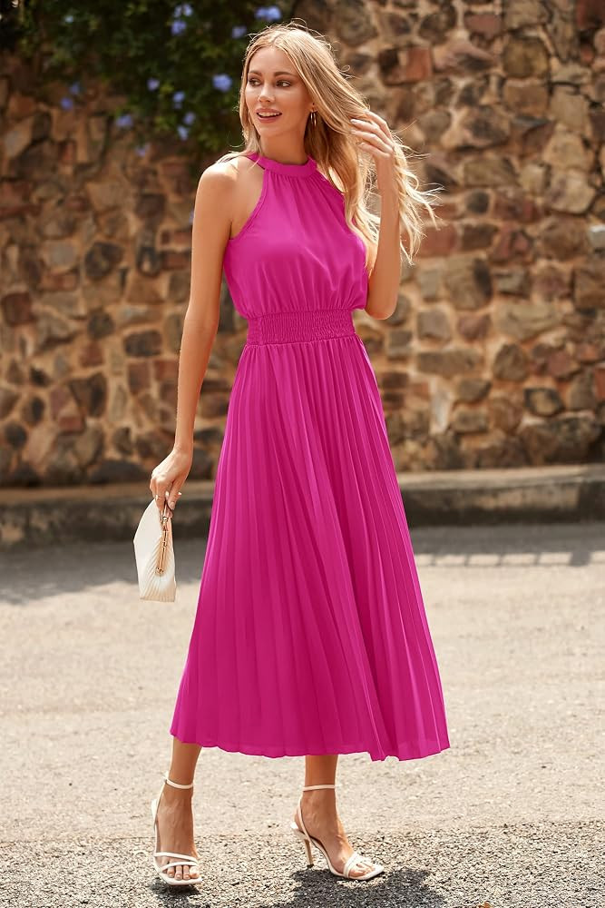 PRETTYGARDEN Womens Long Sleeveless Halter Neck Flowy Pleated Maxi Cocktail Party Dress | Amazon (US)