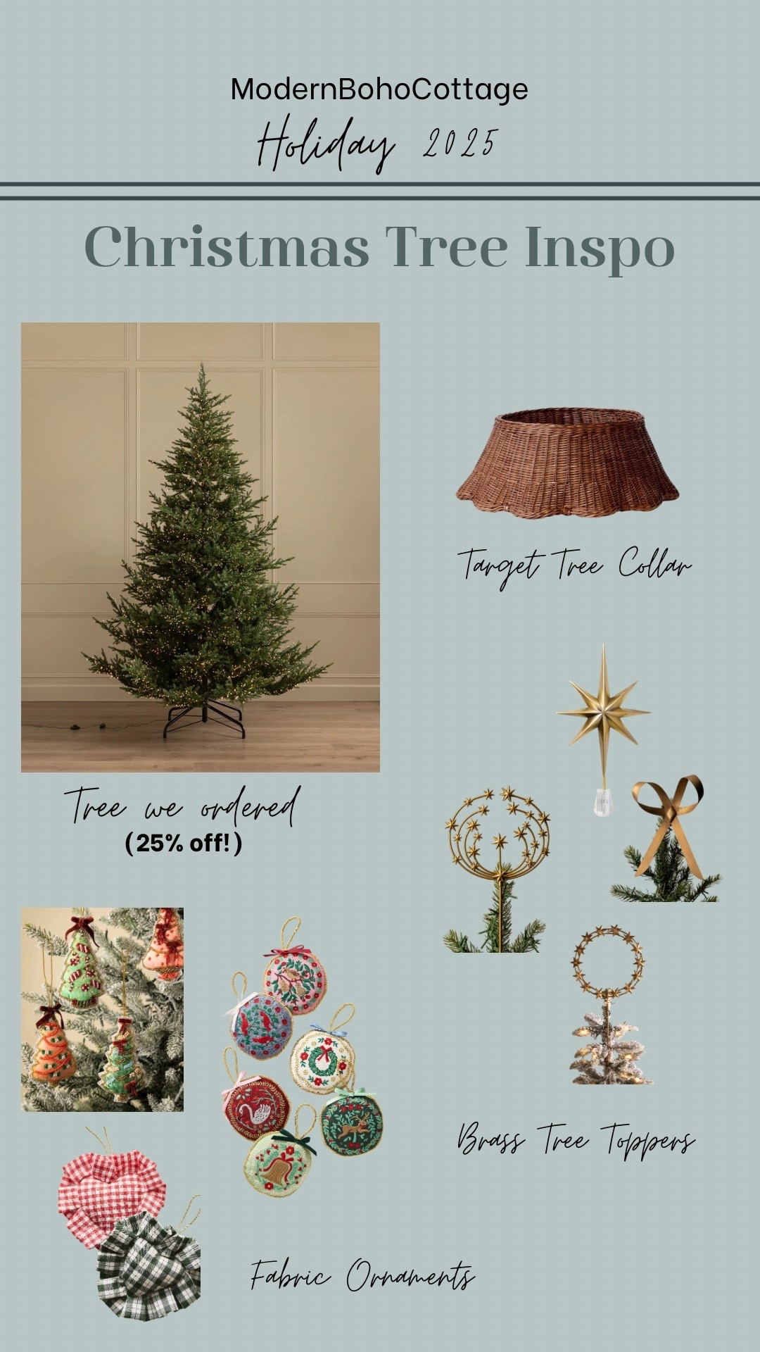 My 2025 Christmas Tree Inspiration: embroidered ornaments, basket tree collars, and brass tree toppers.

McGee and Co Christmas Trees are current 25% off! This is the one we ordered.

Target Christmas, McGee and Co Christmas, Anthropologie Christmas 

#LTKSaleAlert #LTKHoliday #LTKHome