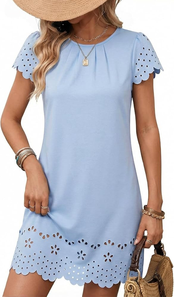 Dokotoo Womens Summer Dresses 2026 Short Sleeve Hollow Out Crewneck Pleated Front Casual Elegant ... | Amazon (US)