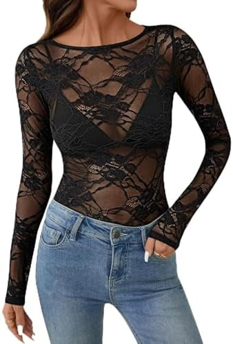 KTILG Womens Lace Long Sleeve Boat Neck Tops Sheer Blouse Sexy See Through Shirt Mesh Top S-XXL | Amazon (US)