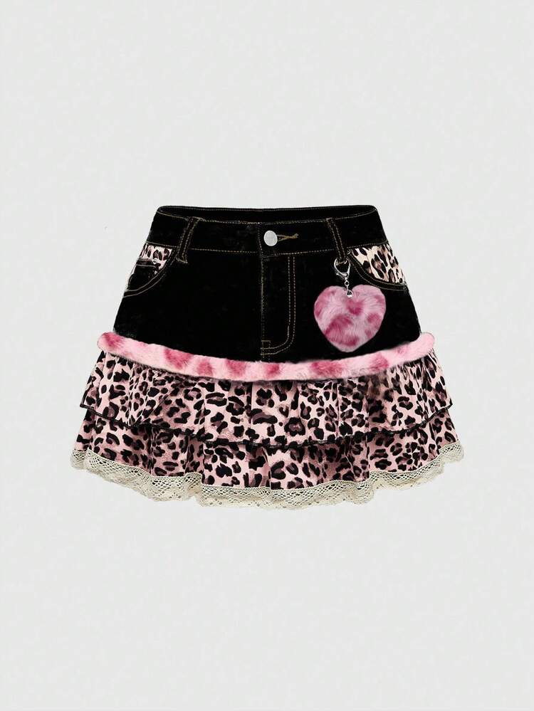 ROMWE Kawaii Leopard Print Patchwork Cute Denim Mini Skirt | SHEIN