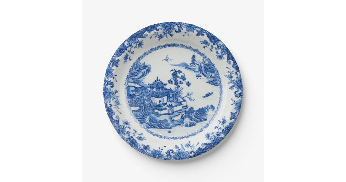 Blue white faux porcelain flow chinoiserie willow paper plates | Zazzle | Zazzle