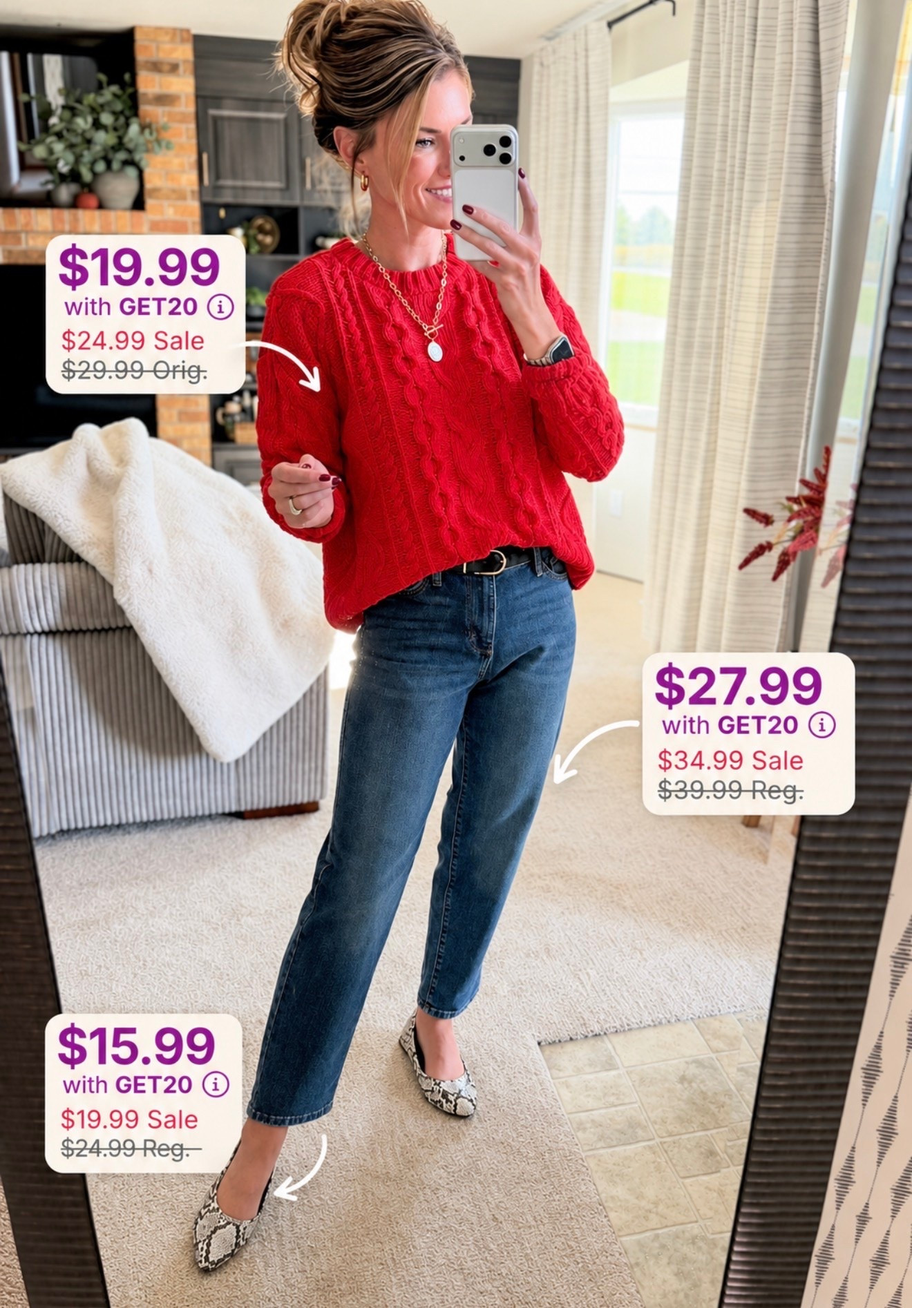 Kohl’s sale finds. Classic sweater and jeans with fun flats. 
Sweater/ medium
Jeans/6
Flats tts (size down if between)
@kohls