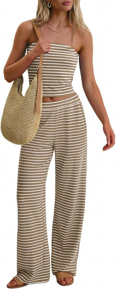 ANRABESS Women 2 Piece Sets Summer Striped Outfits Matching Tube Top Wide Leg Lounge Pants 2026 T... | Amazon (US)