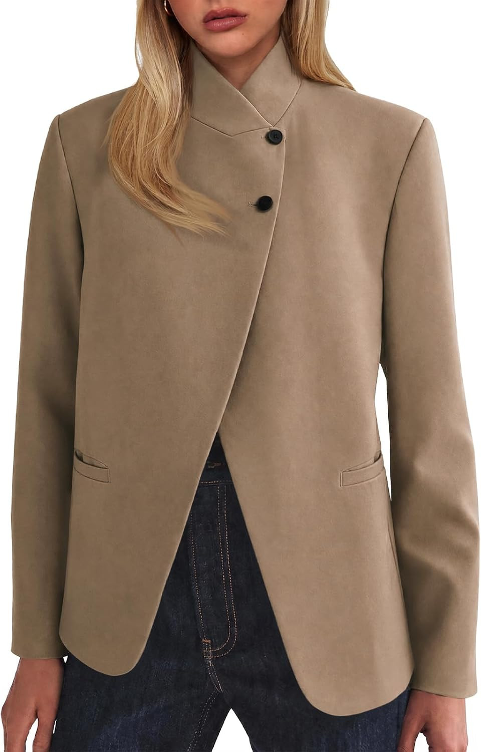 Cicy Bell Womens Stand Collar Blazer Business Work Button Suit Jacket | Amazon (US)