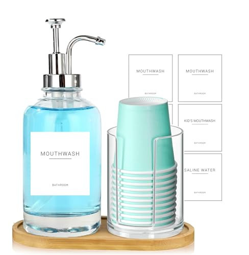 Ezebesta 17OZ Mouthwash Clear Glass Pump Dispenser with Disposable Mouthwash Cups Holder Refillable Clear Container with Bamboo Tray, Mouthwash Labels | Amazon (US)
