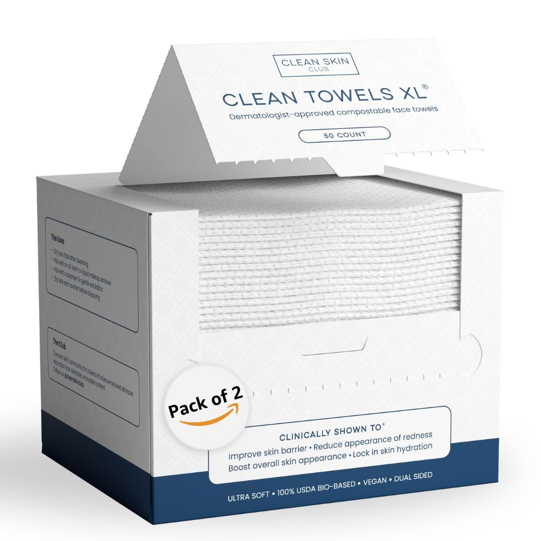 Clean Skin Club Clean Towels XL™, 100% USDA Biobased Face Towel, Disposable Face Towelette, Eczema Association Accepted, Makeup Remover Dry Wipes, Ultra Soft, 100 Ct, 2 Pack | Amazon (US)