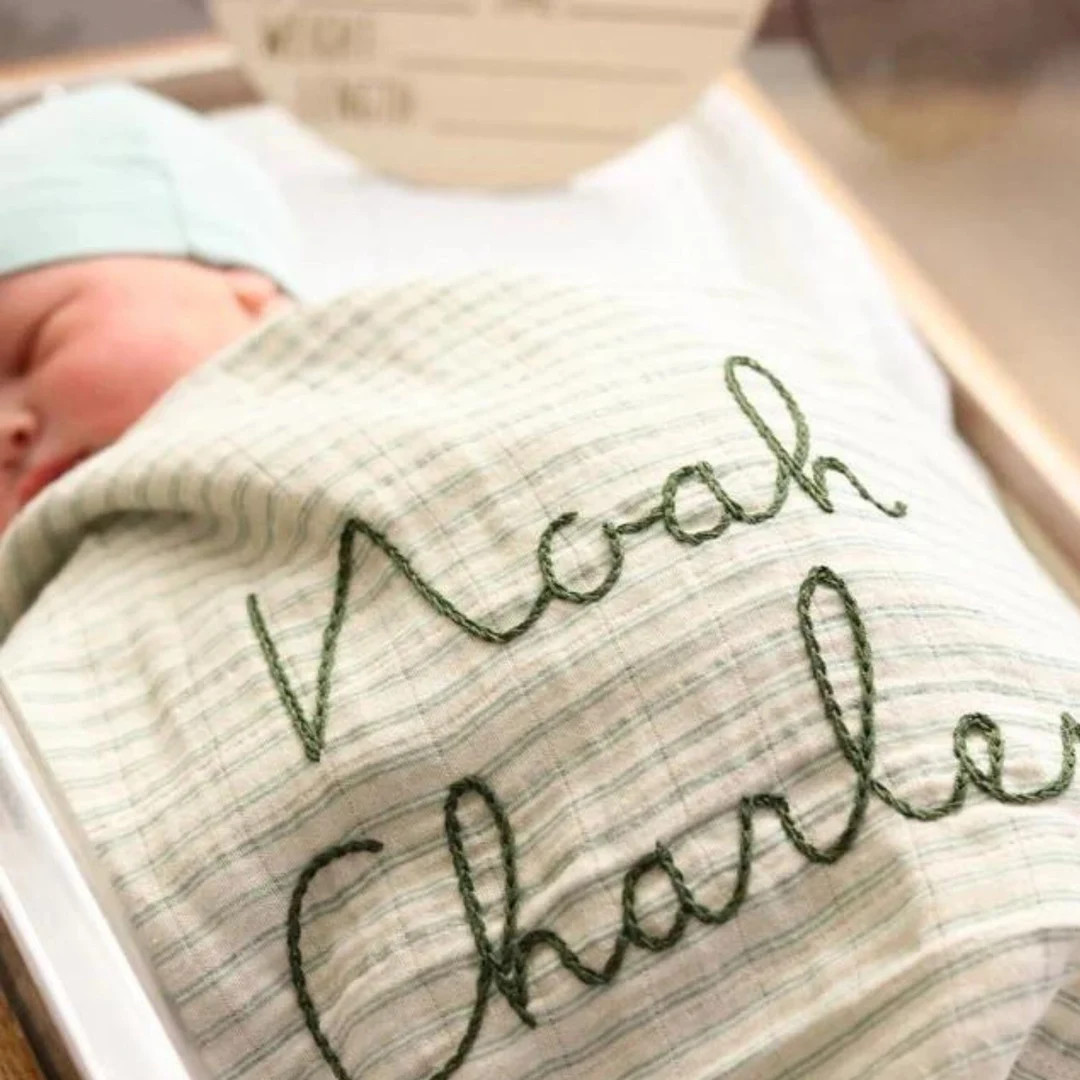 Personalized Swaddle Blanket Hand Embroidered Blanket Organic Cotton Swaddle Baby Blanket Baby Gi... | Etsy (US)