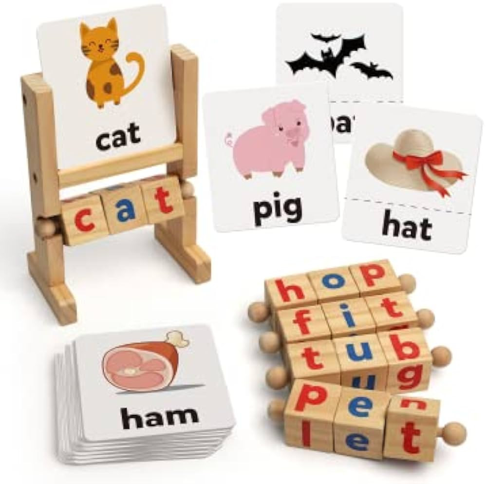 Coogam Wooden Reading Blocks Short Vowel Rods Spelling Games, Flash Cards Turning Rotating Letter... | Amazon (US)