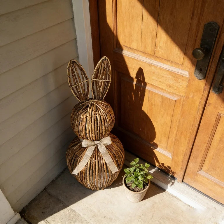 Rattan Woven Easter Bunny Decor Outdoor, Bunny Statue with Random Color Bow Rabbit Statue Farmhou... | Walmart (US)