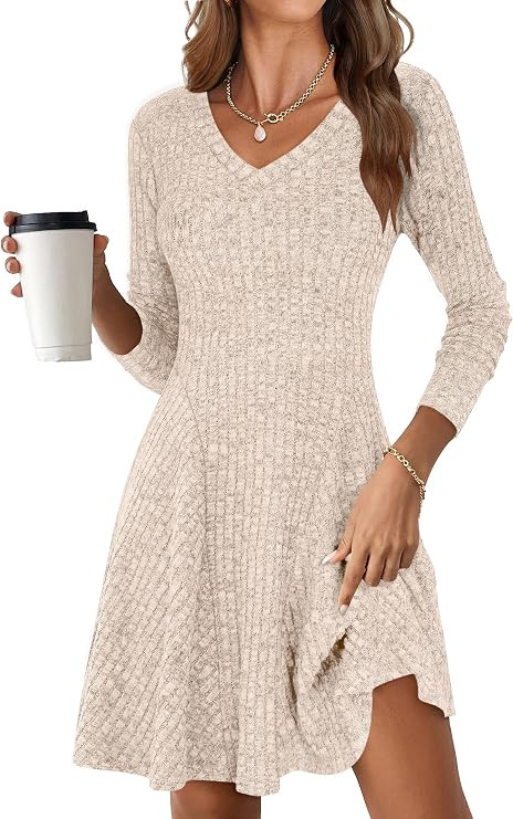 ANRABESS Women Long Sleeve Ribbed Knit Short Dresses 2026 Spring V Neck Casual Swing A Line Sweat... | Amazon (US)